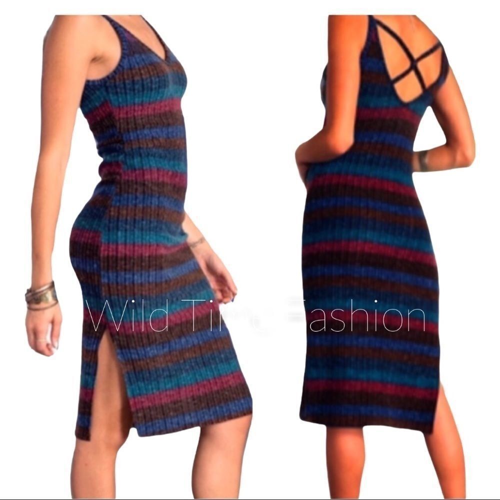 Sleeveless V Neck Striped Rib Knitted High Split Side Hem Fitted Midi Dress NEW - Picture 3 of 4
